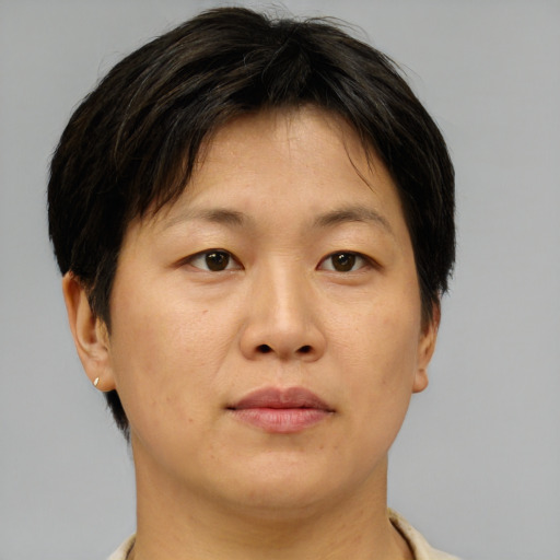 Neutral asian adult female with short  brown hair and brown eyes