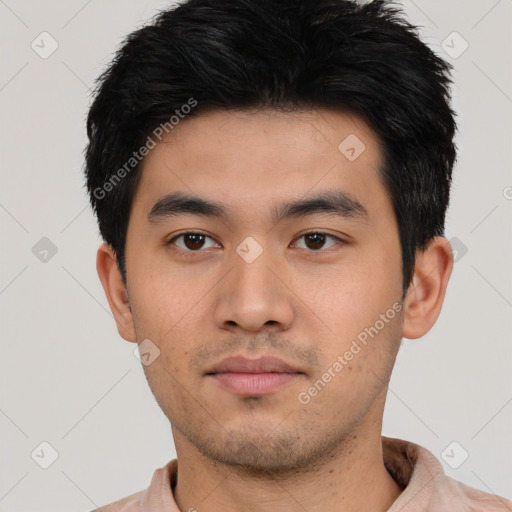 Neutral asian young-adult male with short  black hair and brown eyes