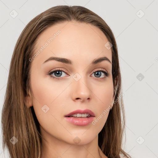 Neutral white young-adult female with long  brown hair and brown eyes