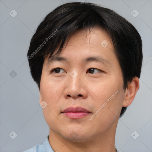 Joyful asian adult male with short  brown hair and brown eyes