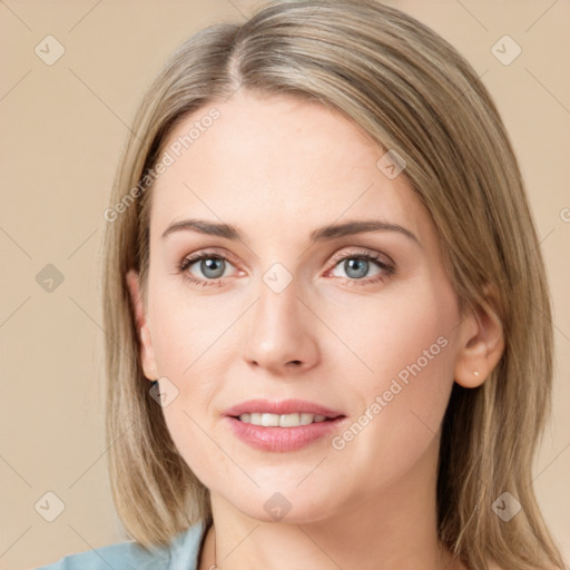 Joyful white young-adult female with medium  brown hair and green eyes