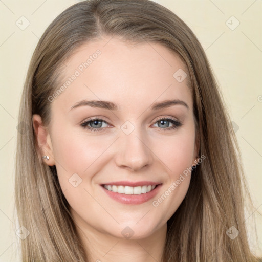 Joyful white young-adult female with long  brown hair and grey eyes