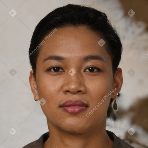 Joyful latino young-adult female with short  black hair and brown eyes