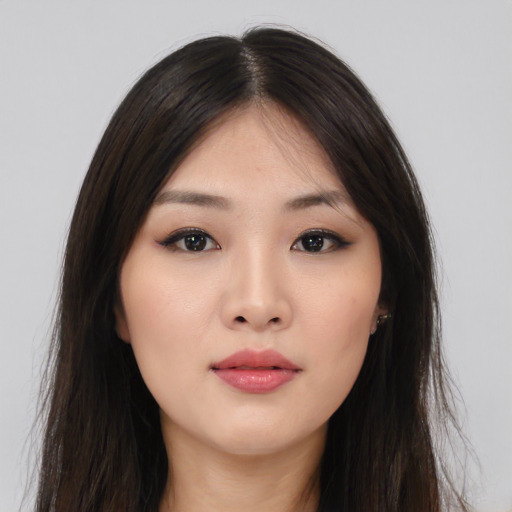 Neutral asian young-adult female with long  brown hair and brown eyes