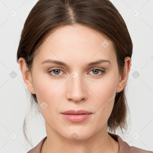 Neutral white young-adult female with medium  brown hair and grey eyes