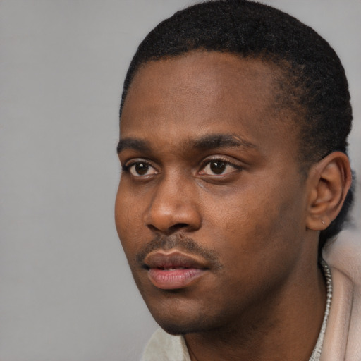 Neutral black young-adult male with short  black hair and brown eyes