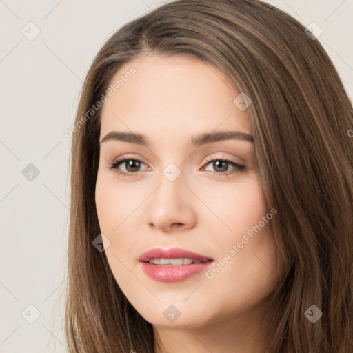 Neutral white young-adult female with long  brown hair and brown eyes