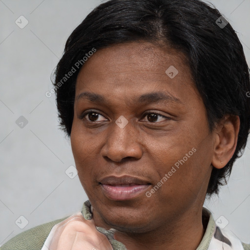 Joyful white adult female with short  brown hair and brown eyes