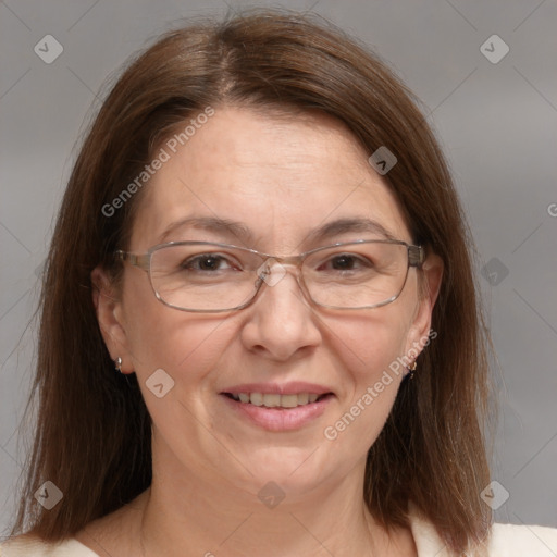 Joyful white adult female with medium  brown hair and grey eyes