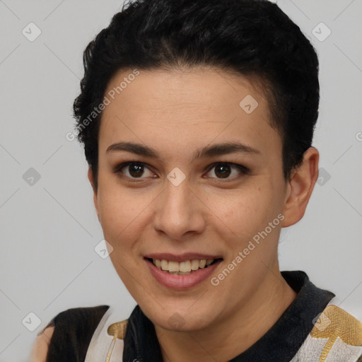 Joyful white young-adult female with short  brown hair and brown eyes