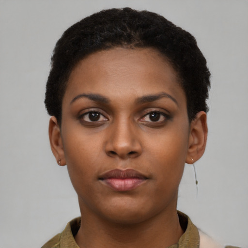 Neutral black young-adult female with short  brown hair and brown eyes