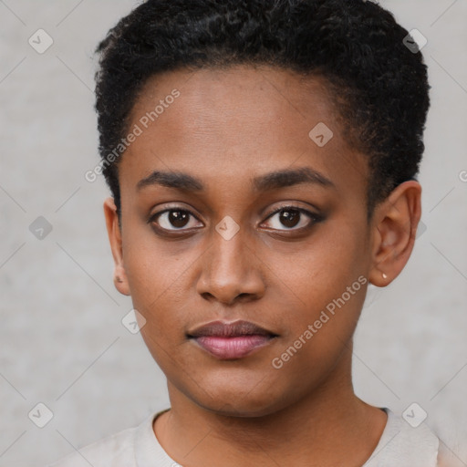 Neutral black young-adult female with short  black hair and brown eyes