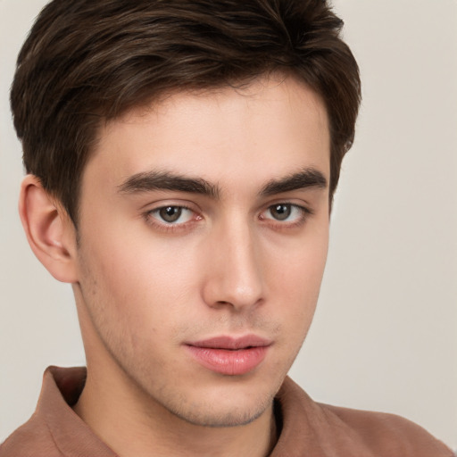 Neutral white young-adult male with short  brown hair and brown eyes