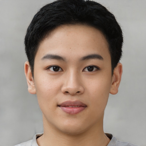 Neutral asian young-adult female with short  black hair and brown eyes
