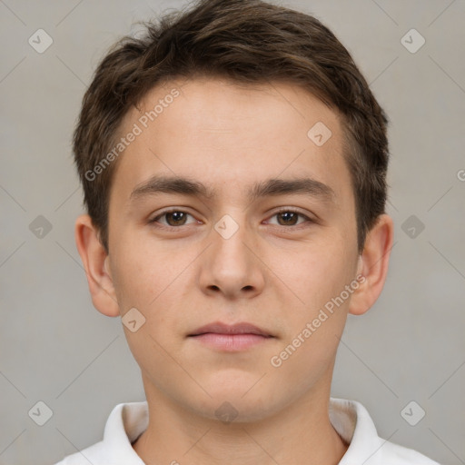 Neutral white young-adult male with short  brown hair and brown eyes