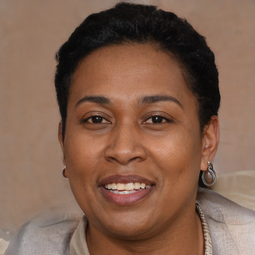 Joyful latino adult female with short  black hair and brown eyes