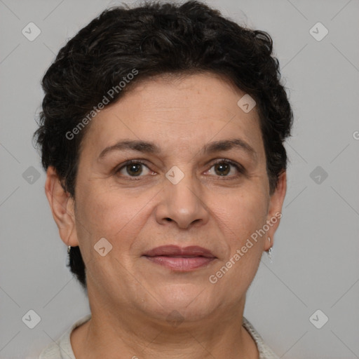 Joyful white adult female with short  brown hair and brown eyes