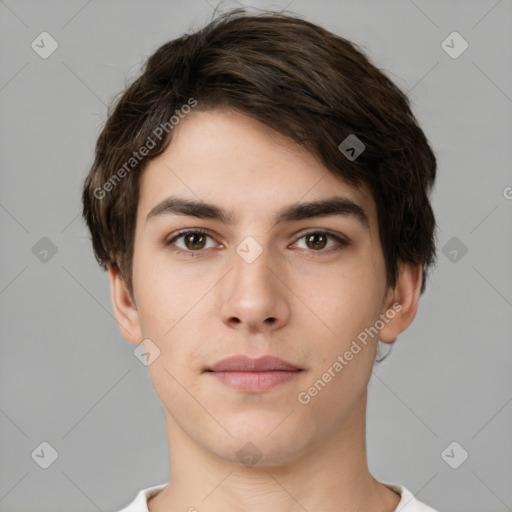 Neutral white young-adult male with short  brown hair and brown eyes