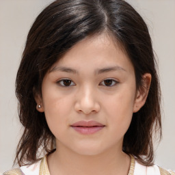 Joyful white child female with medium  brown hair and brown eyes