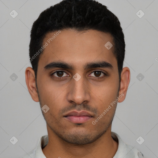 Neutral latino young-adult male with short  black hair and brown eyes