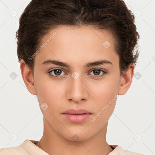 Neutral white young-adult female with short  brown hair and brown eyes