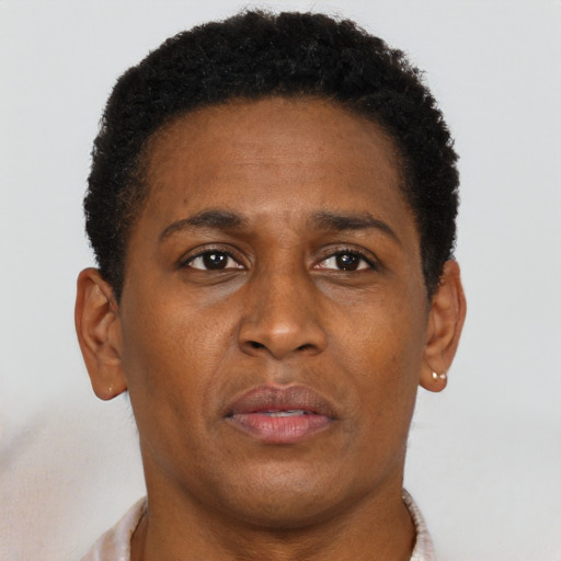 Neutral black adult male with short  brown hair and brown eyes