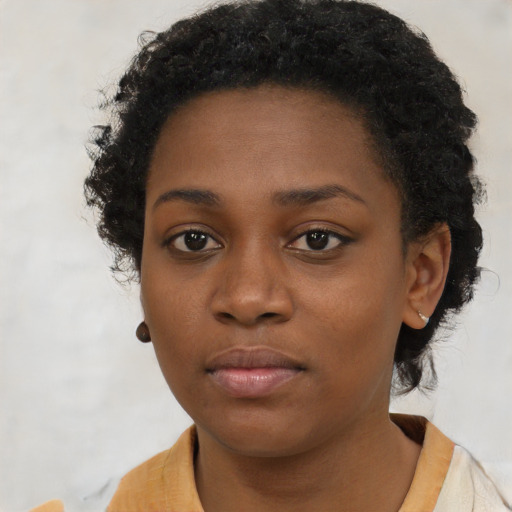 Neutral black young-adult female with short  black hair and brown eyes