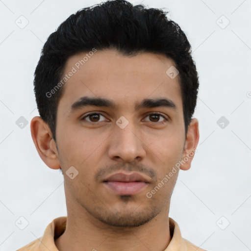 Neutral latino young-adult male with short  black hair and brown eyes