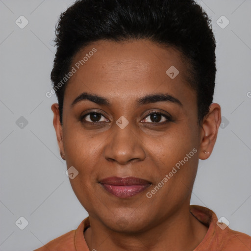 Joyful latino young-adult female with short  brown hair and brown eyes