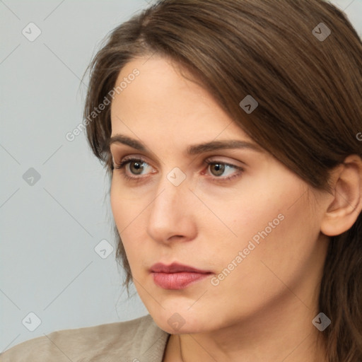 Neutral white young-adult female with medium  brown hair and brown eyes