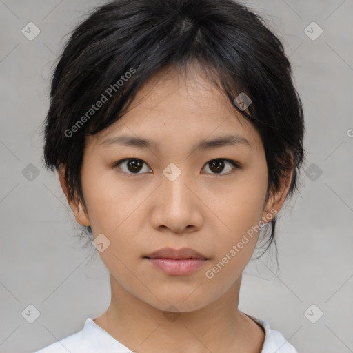 Neutral asian young-adult female with medium  brown hair and brown eyes