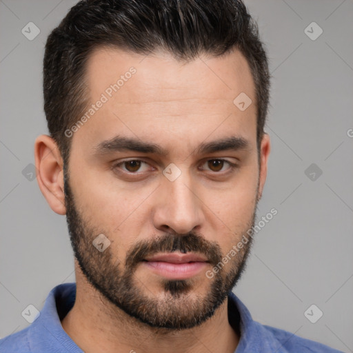 Neutral white young-adult male with short  brown hair and brown eyes