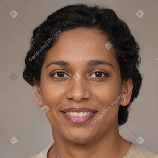 Joyful latino young-adult female with short  brown hair and brown eyes