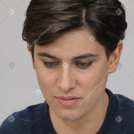 Joyful white adult female with short  brown hair and brown eyes