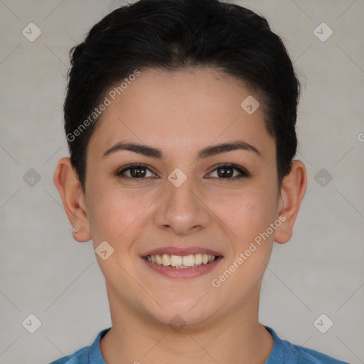 Joyful white young-adult female with short  brown hair and brown eyes