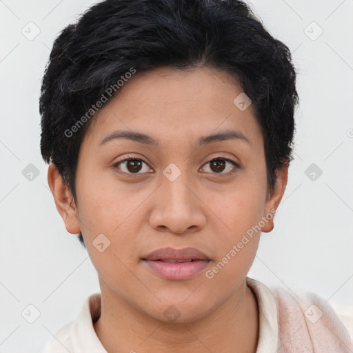 Joyful latino young-adult female with short  brown hair and brown eyes