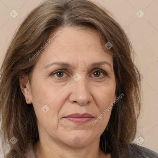 Joyful white adult female with medium  brown hair and brown eyes