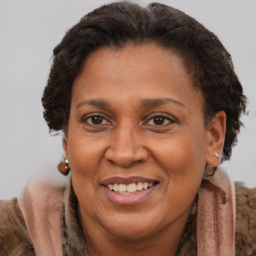 Joyful black adult female with long  brown hair and brown eyes