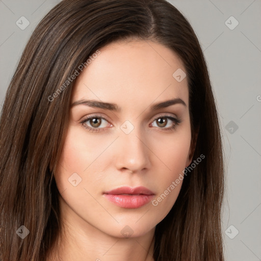 Neutral white young-adult female with long  brown hair and brown eyes