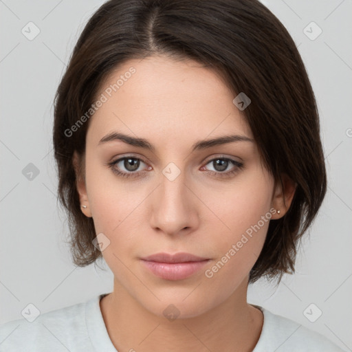 Neutral white young-adult female with medium  brown hair and brown eyes