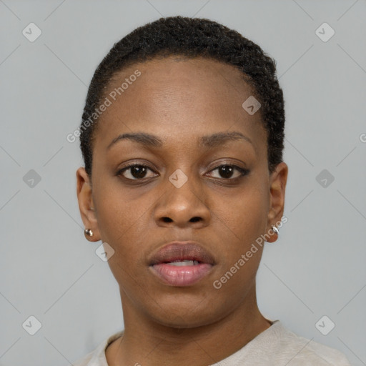 Neutral black young-adult female with short  brown hair and brown eyes