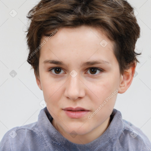 Neutral white young-adult female with short  brown hair and brown eyes