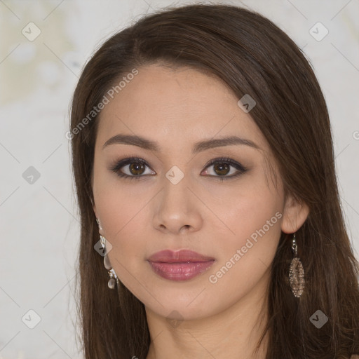 Neutral white young-adult female with long  brown hair and brown eyes