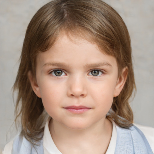 Neutral white child female with medium  brown hair and grey eyes