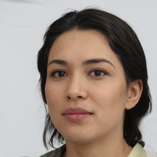Neutral asian young-adult female with medium  black hair and brown eyes