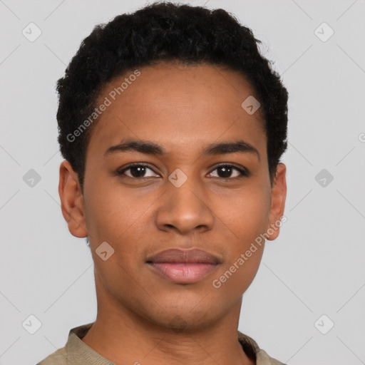 Joyful latino young-adult male with short  brown hair and brown eyes