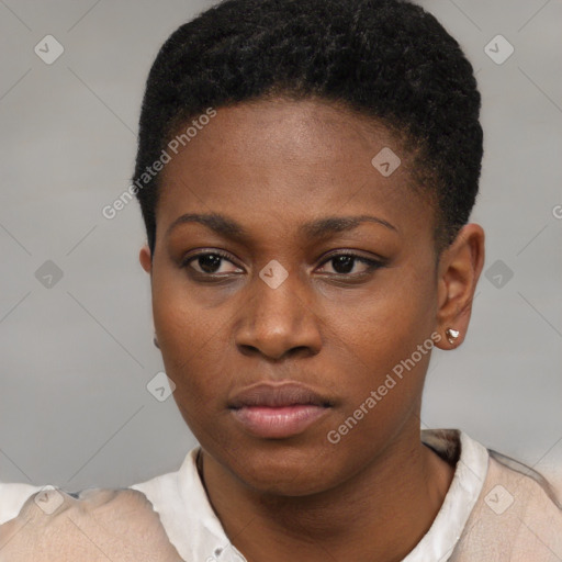 Neutral black young-adult female with short  black hair and brown eyes