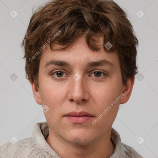 Neutral white young-adult male with short  brown hair and grey eyes