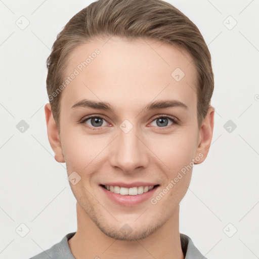 Joyful white young-adult female with short  brown hair and grey eyes