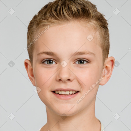 Joyful white child female with short  brown hair and brown eyes